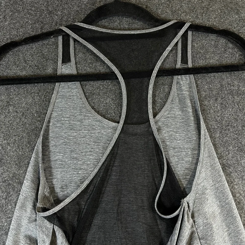 Alo Yoga Womens Gray Heathered Open Draped Mesh Back Racerback Tank Top
